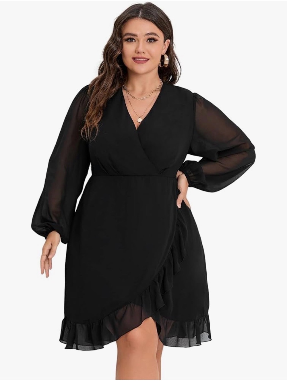 Women’s Black Wrap Ruffle Dress - Elegant V-Neck Long Sleeve 2x